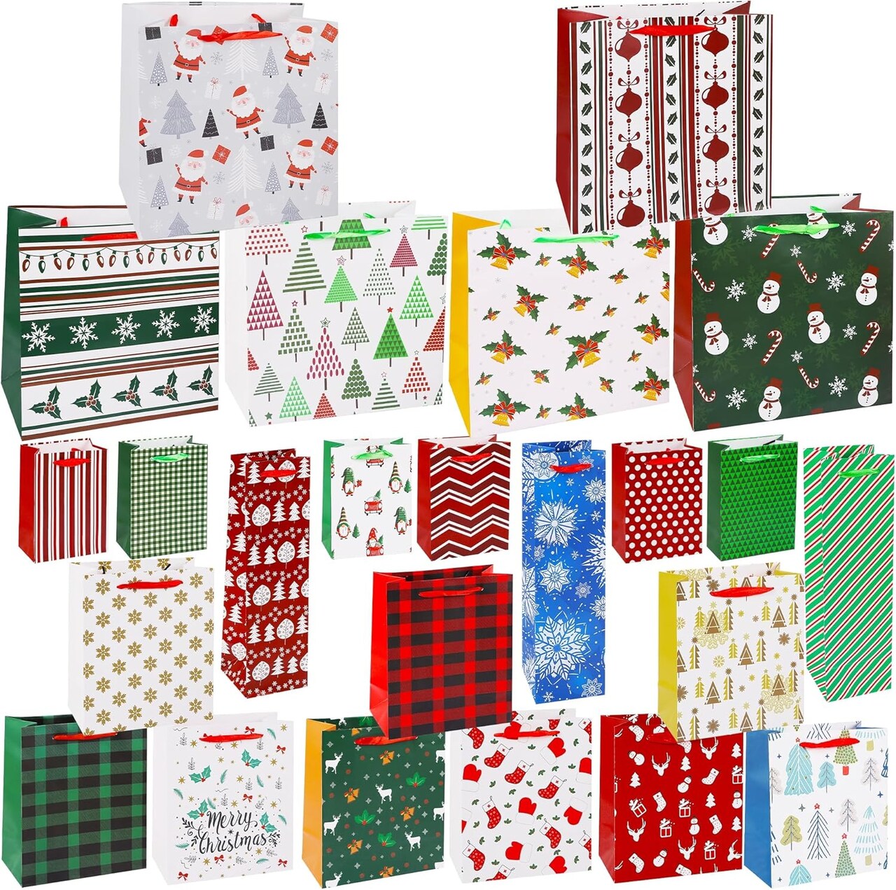 24 Packs Christmas Wrapping Bags, Assorted Size Art Paper Gift Bags Set with Ribbon Handles, 2023 New Xmas Small Medium Large Bottle Bags for Holiday Birthday Present Packaging